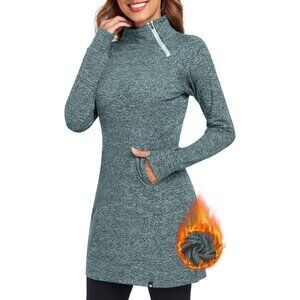 Women's Fleece Dress Running Sweatshirt Dress with Thumb Holes Pocket Zip-Teal